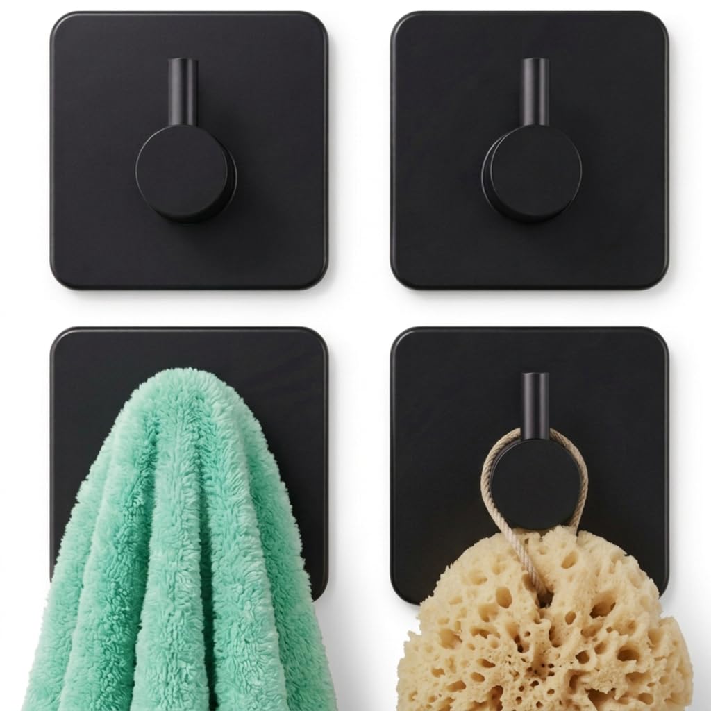 edihome, Ganchos Adhesivos para Pared, de Acero Inoxidable, Colgadores Resistentes sin Taladro, Diseño Cuadrado Moderno para Baño Cocina, Negro Blanco Gris (4, Plata) — view 8
