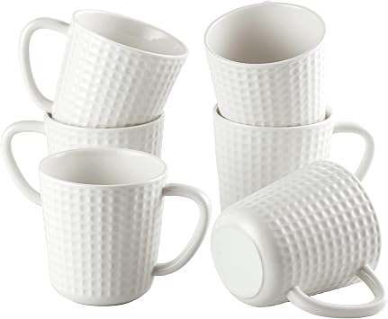 15 oz Ceramic Coffee Mugs Set of 6 - White Waffle Embossed Coffee Cups with Large Handle - Mugs for Latte, Cappuccino & Hot Cocoa - Dishwasher & Microwave Safe - Fathers Day & Housewarming Gift