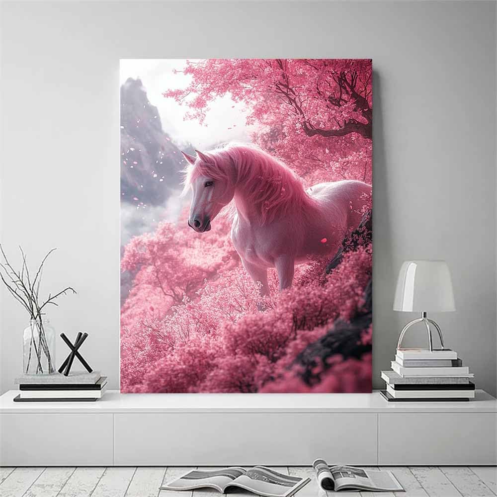 AMXBZC Abstrakcyjne zwierzę Wall Art Pictures Natural Horse Landscape Modern Wall Art Poster for Living Room Home Decor Bathroom Pictures(Pink-60x90cm Framed