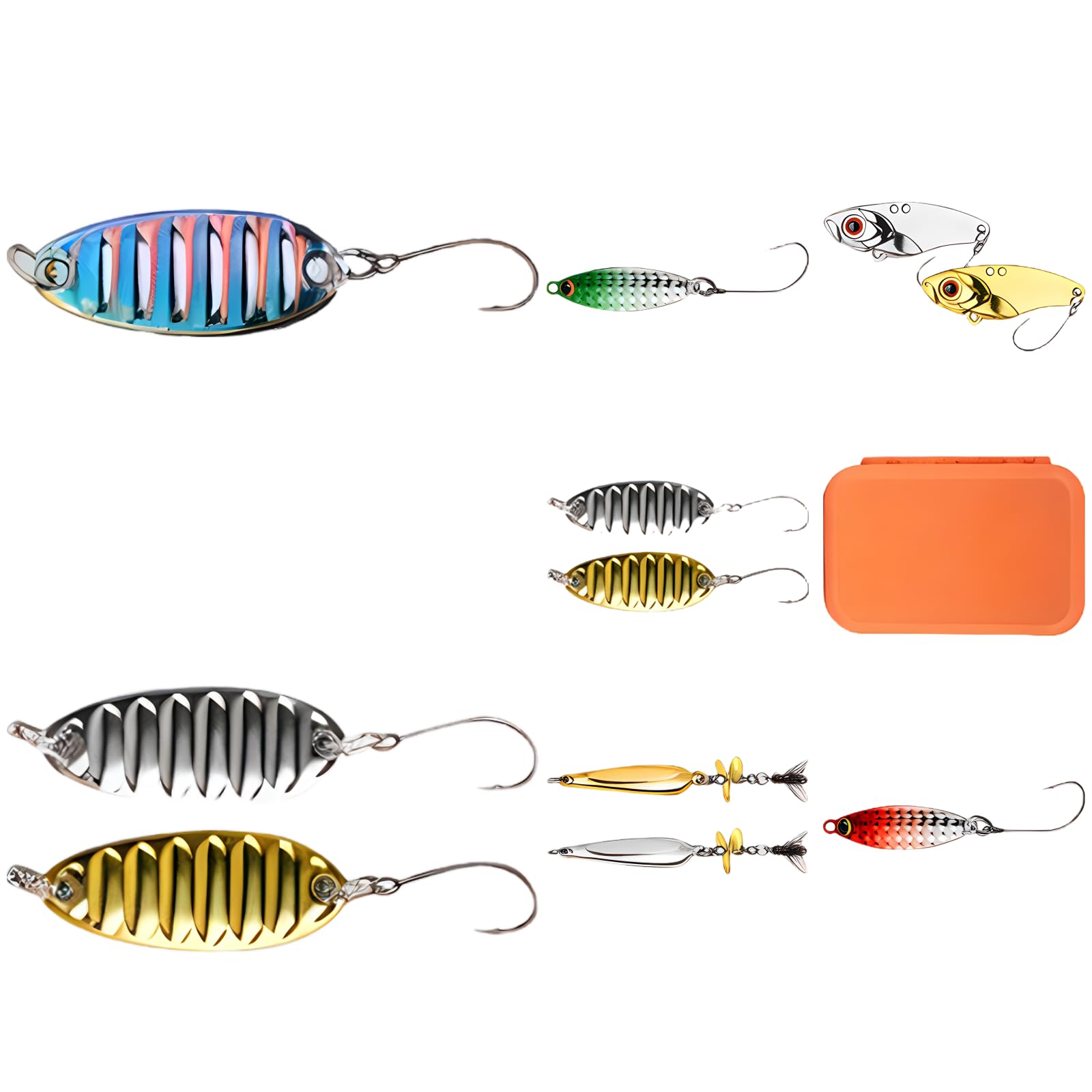 Generisch Set di esche da pesca, 59 pezzi, con scatola per esche a mosca, amo singolo, lustrini, vib, parti di lancio, perne, anelli, micro esche per tutti gli strati d'acqua, per pesce persico, trota