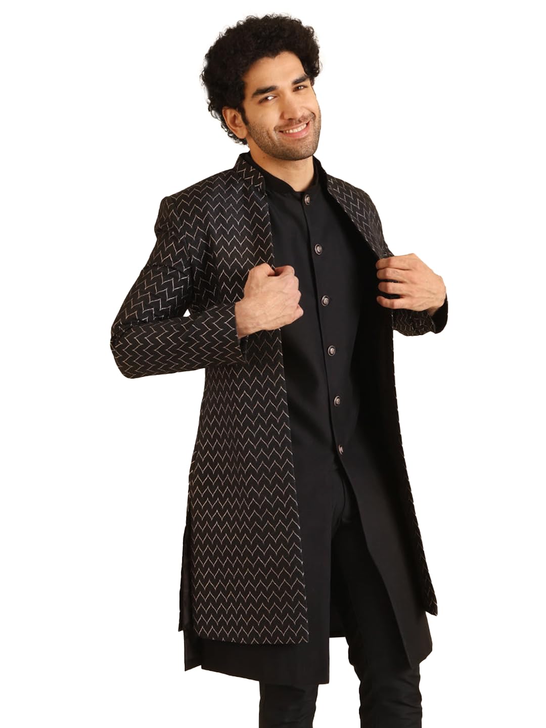 Kisah Jacket Sherwani Set For Men  Woven Design Jacquard Sherwani With Trouser | Ethnic & Formal Indian Outfit For Weddings, Celebrations & Parties, Black, 44