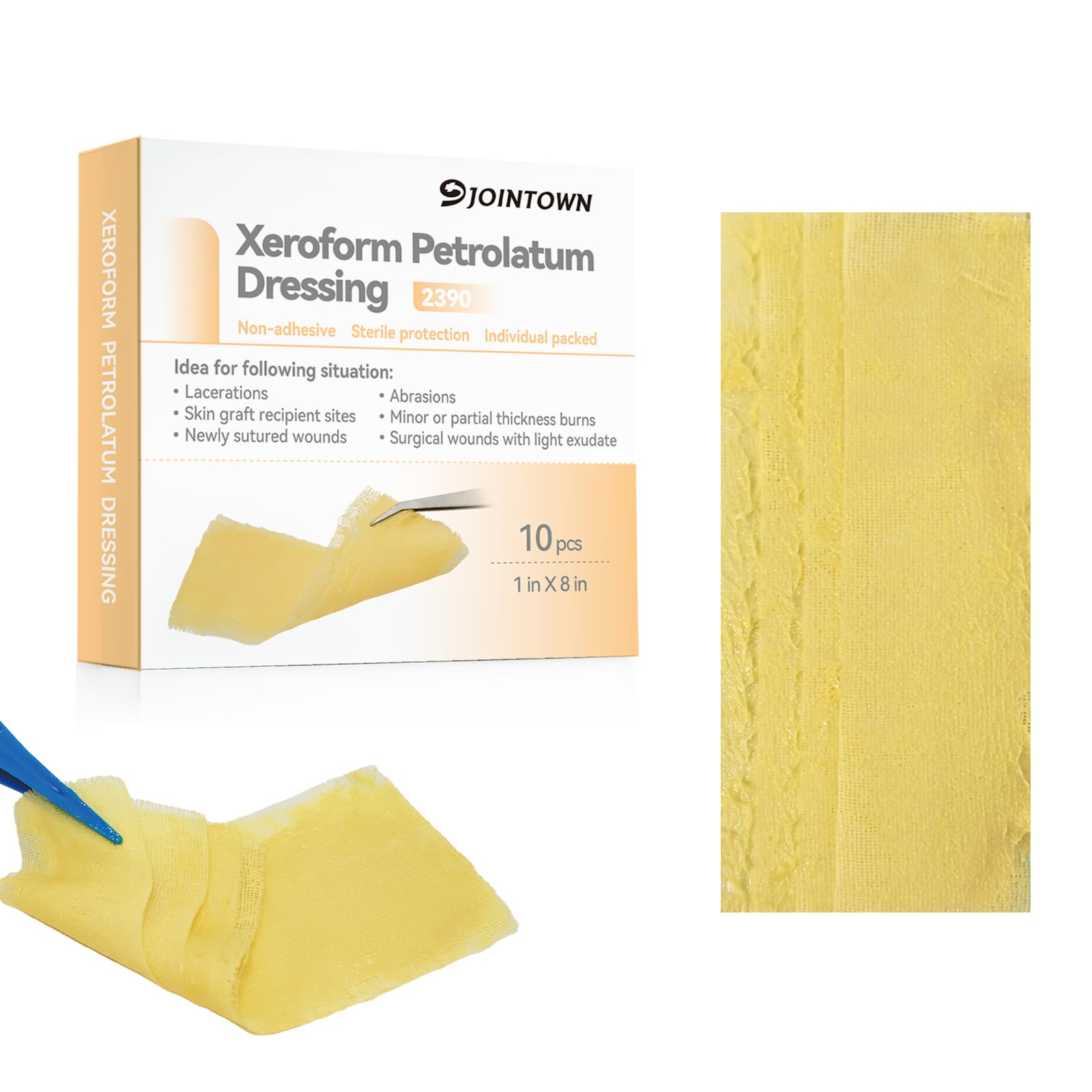 Jointown Xeroform Petrolatum Dressing Bandages, Soft Mesh Gauze Patch for Wound Care, Burns, Lacerations, Skin Grafts & Surgical Incisions, 1"x8", 10 Individual Pack