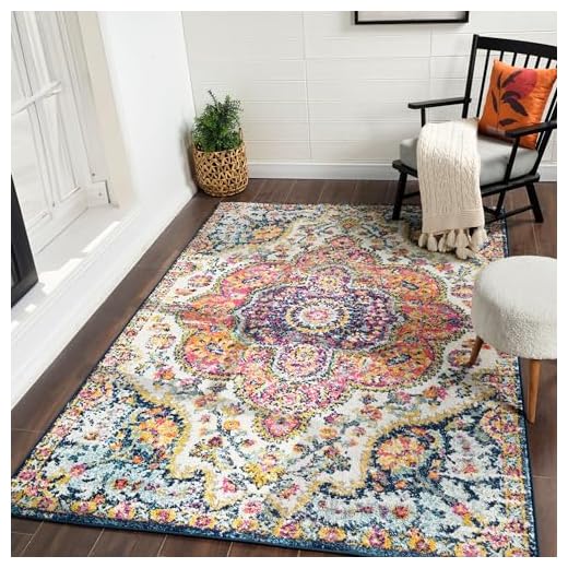 Livabliss Rabat Tapis Vintage - Tapis de Salon, Salle à Manger, Chambre, Cuisine - Boheme Chic, Design Traditionnel Oriental Multicolore, Coloré Poil Court 160x228 cm - Rose, Orange
