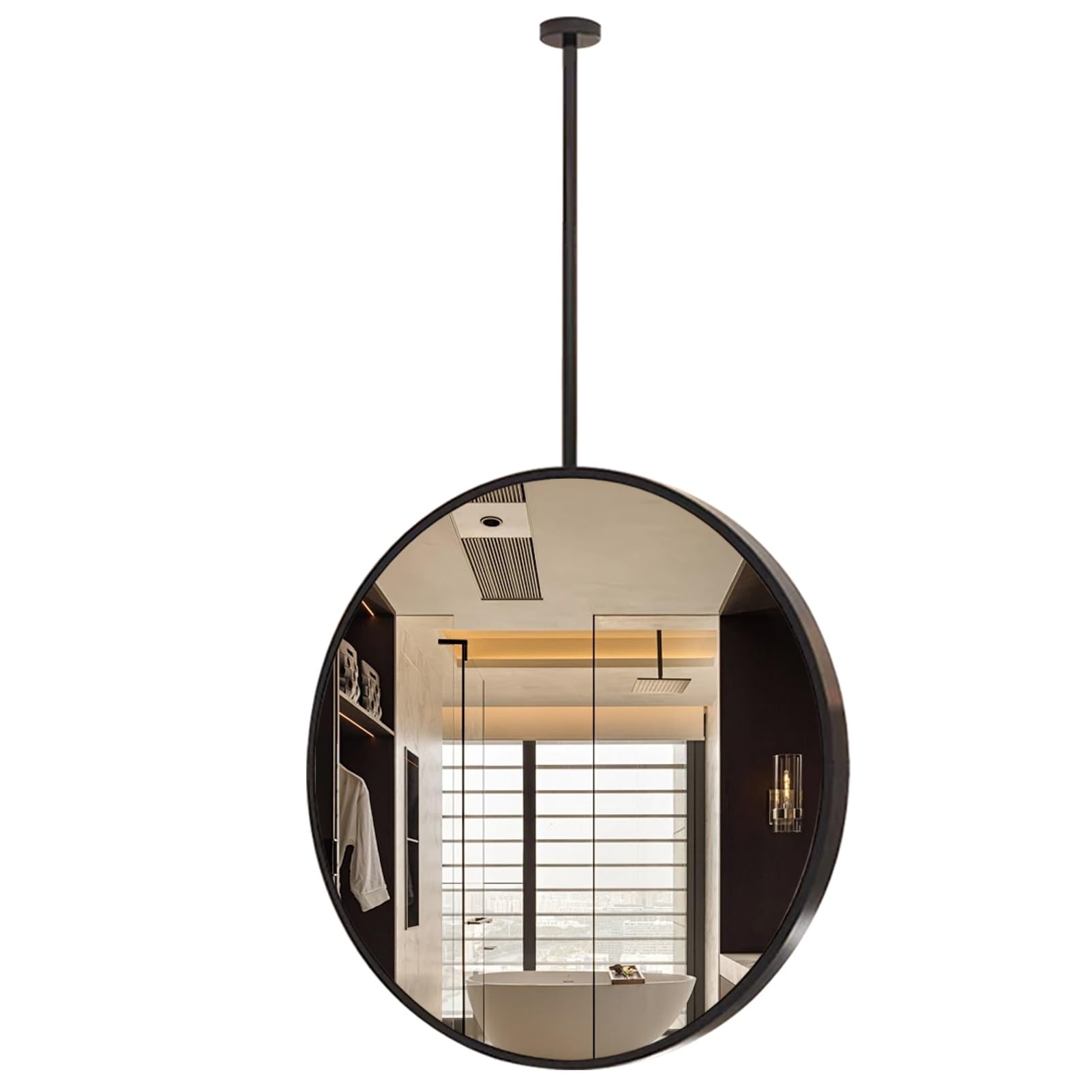 SXFSDOU Round Hanging Rod Mirrors, Black Metal Frame Decorative Mirror for Apartment Bedroom, Ceiling Mounted Bathroom Shaving Makeup Mirror, Customizable(Diameter-70CM/27.6INCH)