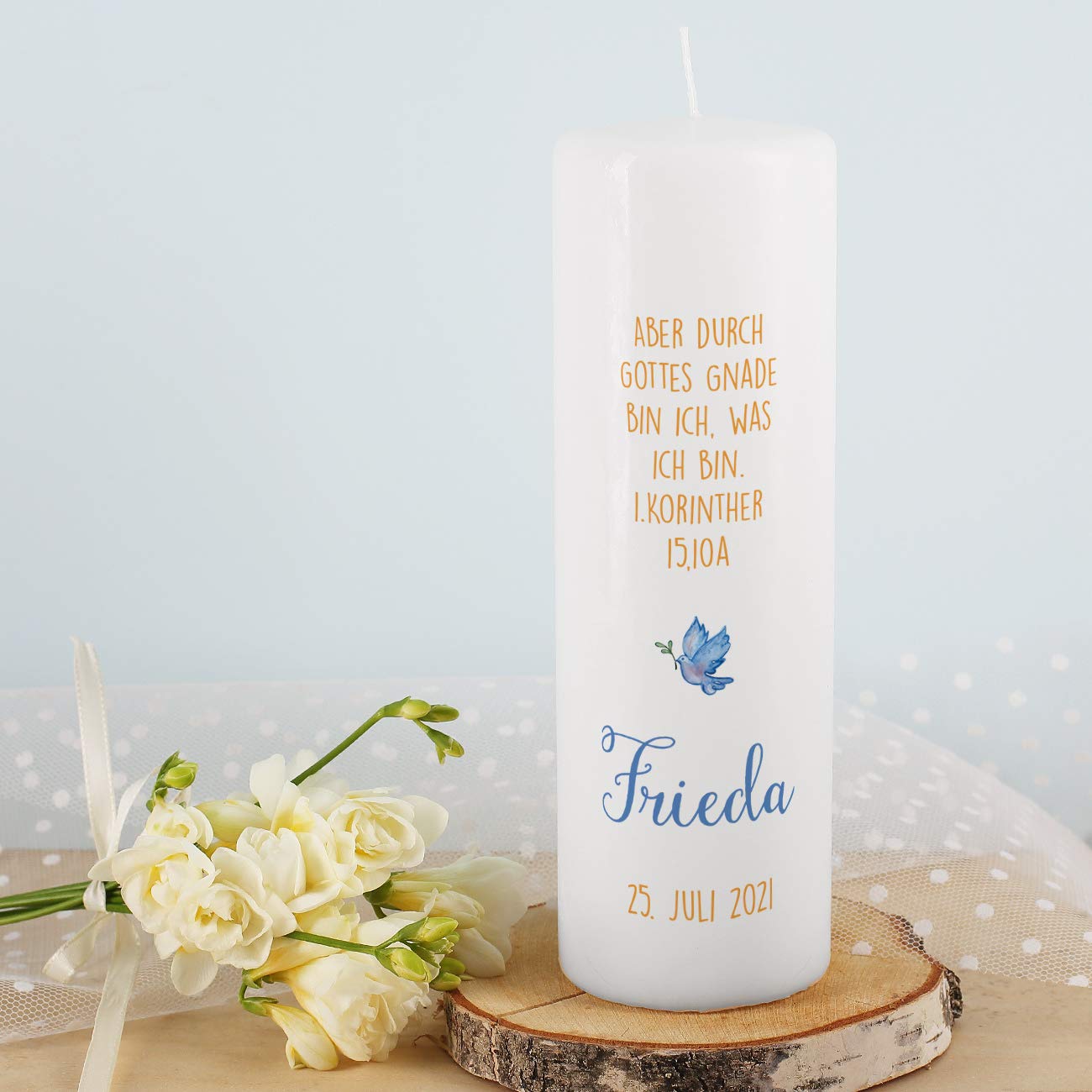 Striefchen® Taufkerze mit Taube und Ölzweig bedruckt mit Namen u. Taufdatum sowie eigenen Taufspruch 8 x 25 cm