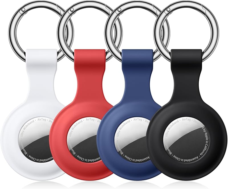 Kit com 4 Capas de Silicone com Argola para Apple AirTag Beydoa – Preto, Branco, Vermelho e Azul