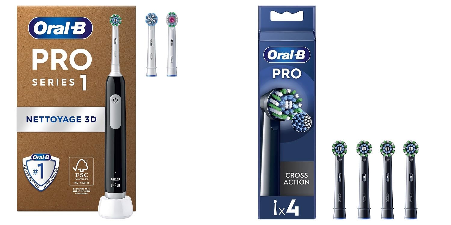 Oral-B Pro Series 1 Brosse À Dents Électrique Noire + Pack De 4 Brossettes Pro Cross Action Noire pour Brosse à dents électriques
