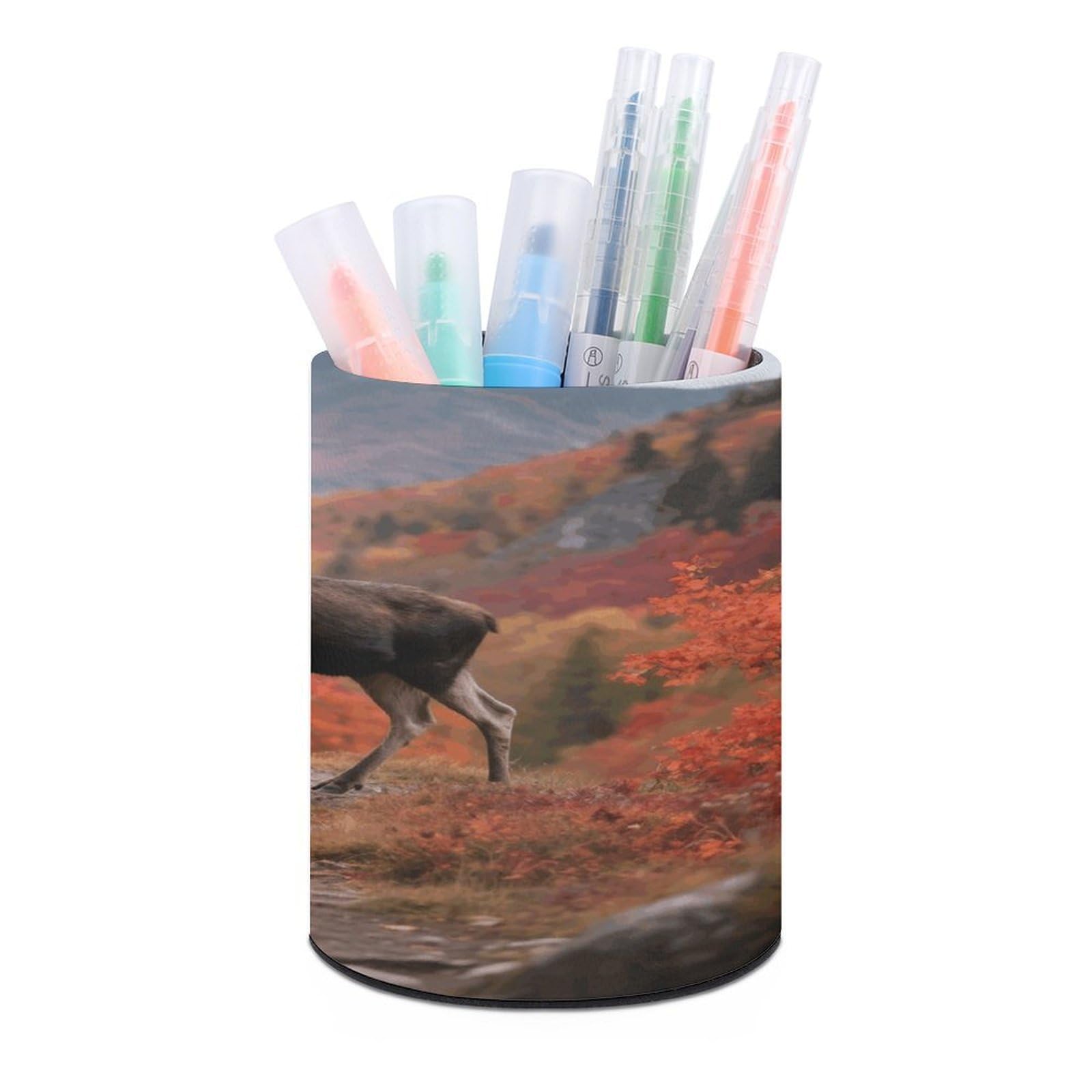 VstaDank Majestic Moose in Forest Round Pencil Holder PU Leather Desk Organizer Scissor Holder Office Decoration Desk for Home (3.1 x 3.9 Inches