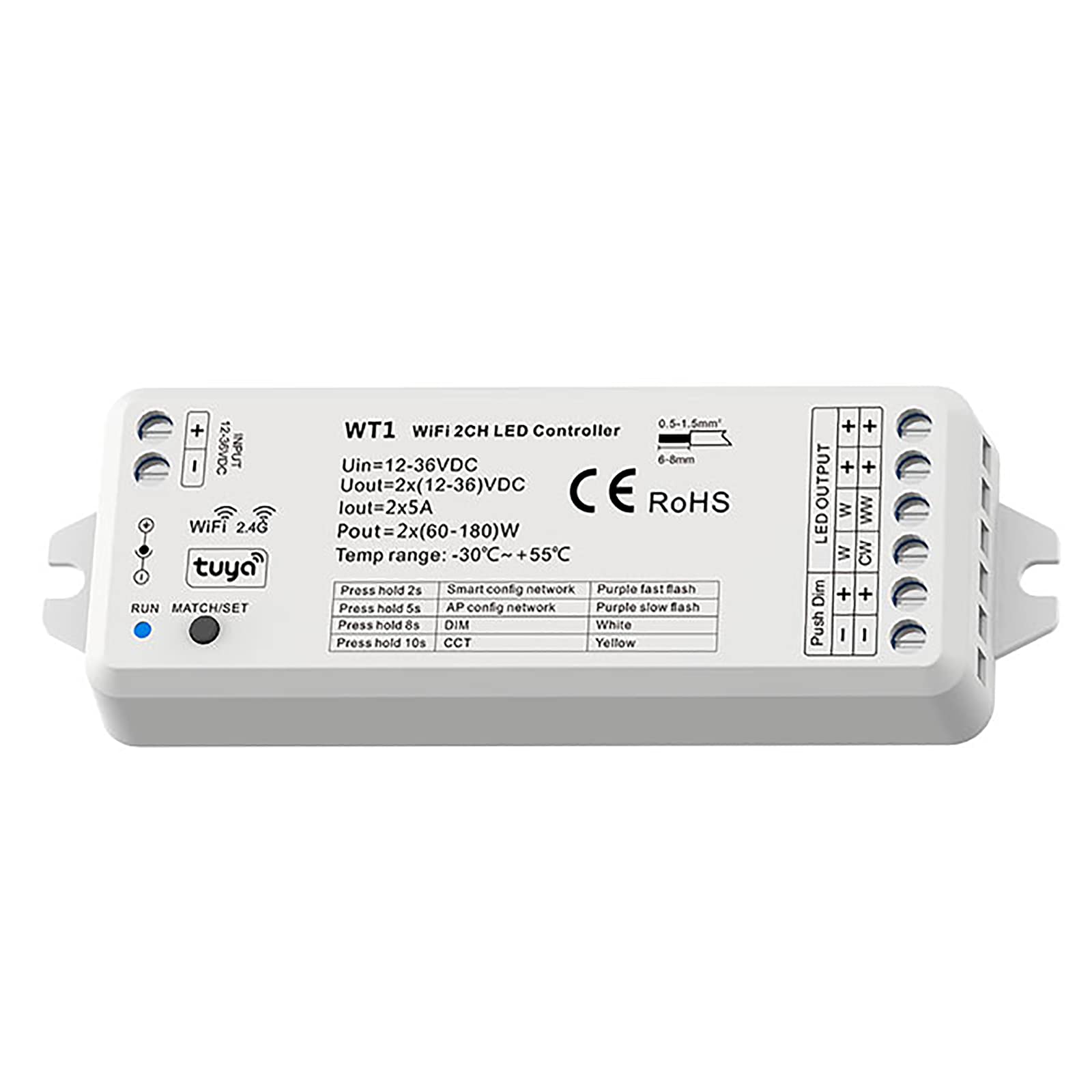 Planetitaly Controller LED WT1 WiFi per strisce faretti centralina SMART dimmer WiFi 2.4G CCT da 3000K a 6500K 2CH 12-24V APP, Smartphone, Controllo remoto, Compatibile Google Home Amazon Alexa