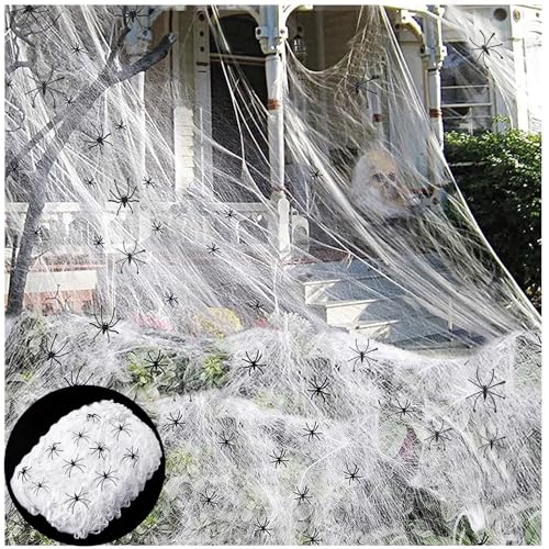 300 g Tecido de aranha Halloween, teias de aranha elásticas vermelho, com 60 aranhas, teia de aranha branca decoração para casa assombrada, interior e exterior, jardim teia de aranha para decorações