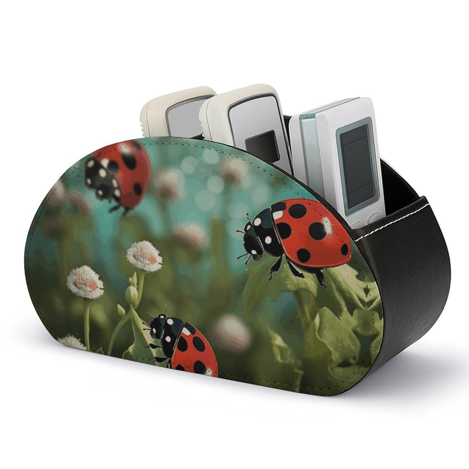 JTREHY Ladybug Landscape Remote Control Holder with 5 Compartments Pu Leather Remote Caddy Box Multi-functional Deskt Holders Organizer Box Tray Bedside Table Storage Organizer