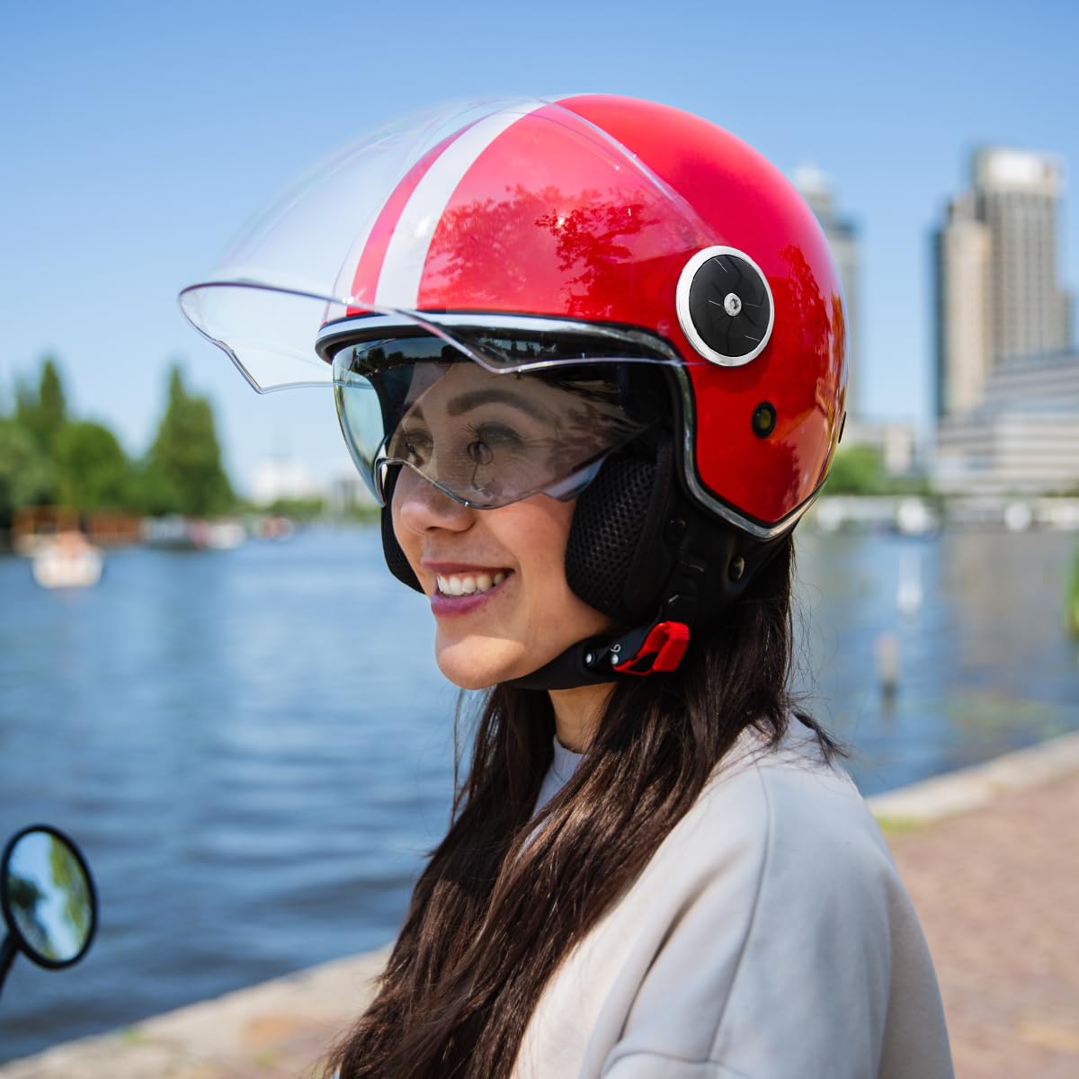 VINZ Arenas Jethelm mit Doppelvisier | Roller Helm mit Streifen & mit Sonnenblende | In Gr. XS-XXL | ECE 22.06 Zertifiziert | Motorradhelm mit Visier | Viele Farben Erhältlich