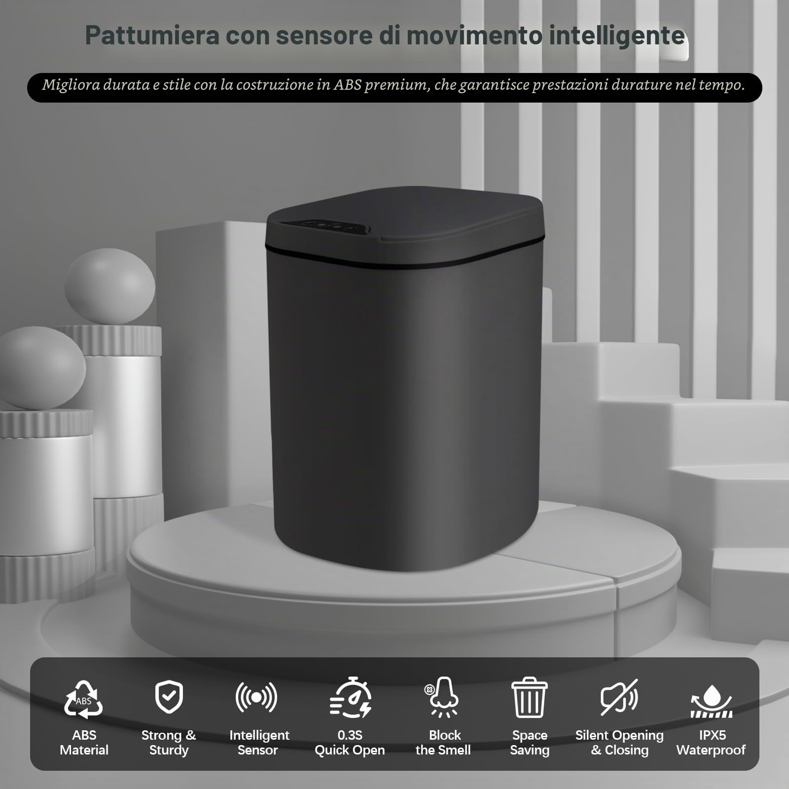 LIROPAU 2x Pattumiera Bagno Automatica 12L con Sensore di Movimento | Cestino intelligente impermeabile con coperchio, design sottile in plastica ideale per cucina, bagno e ufficio