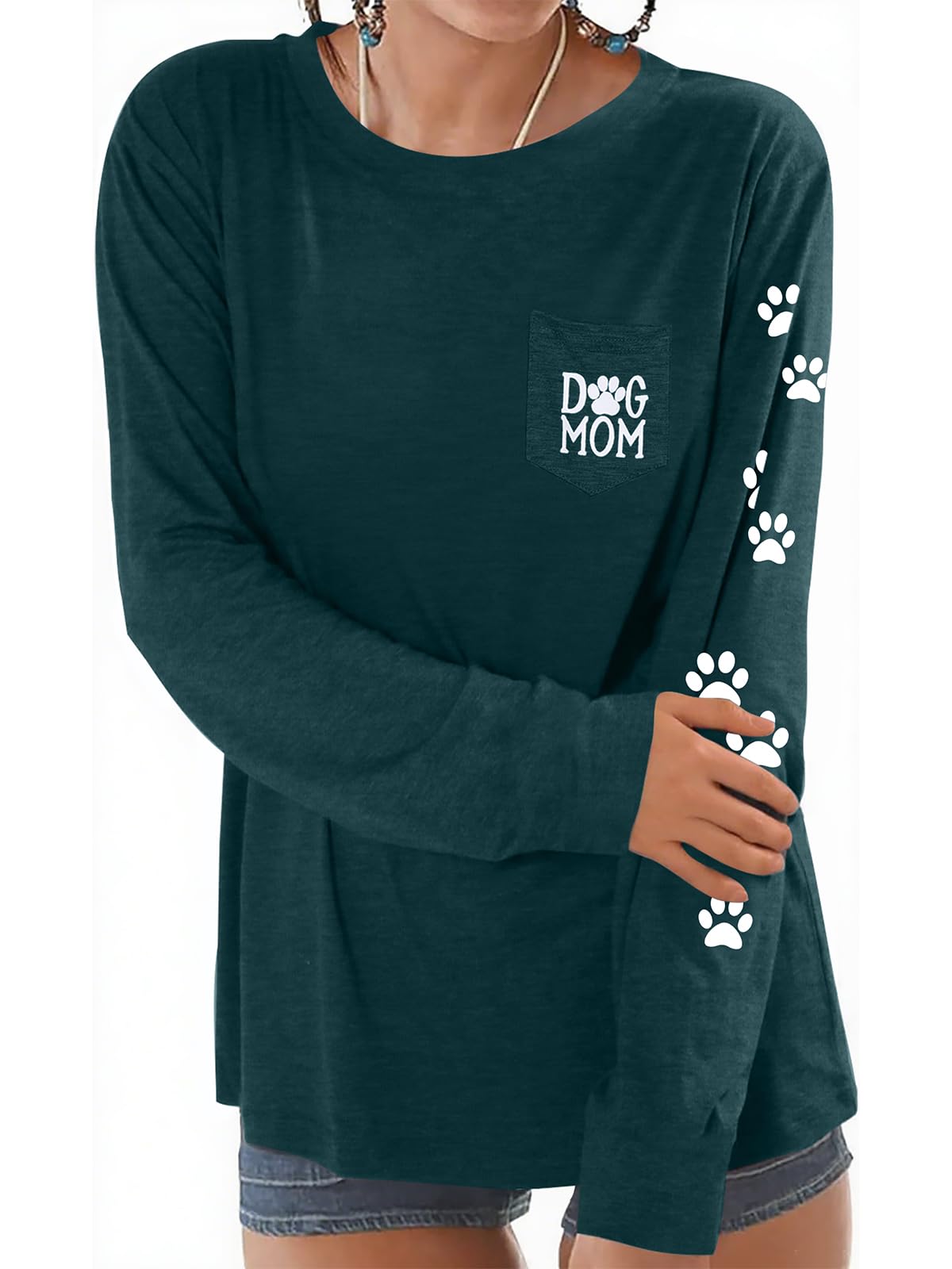 Women Dog Paw Shirt Paw Print Shirts Patch Pocket Casual Long Sleeve Shirt