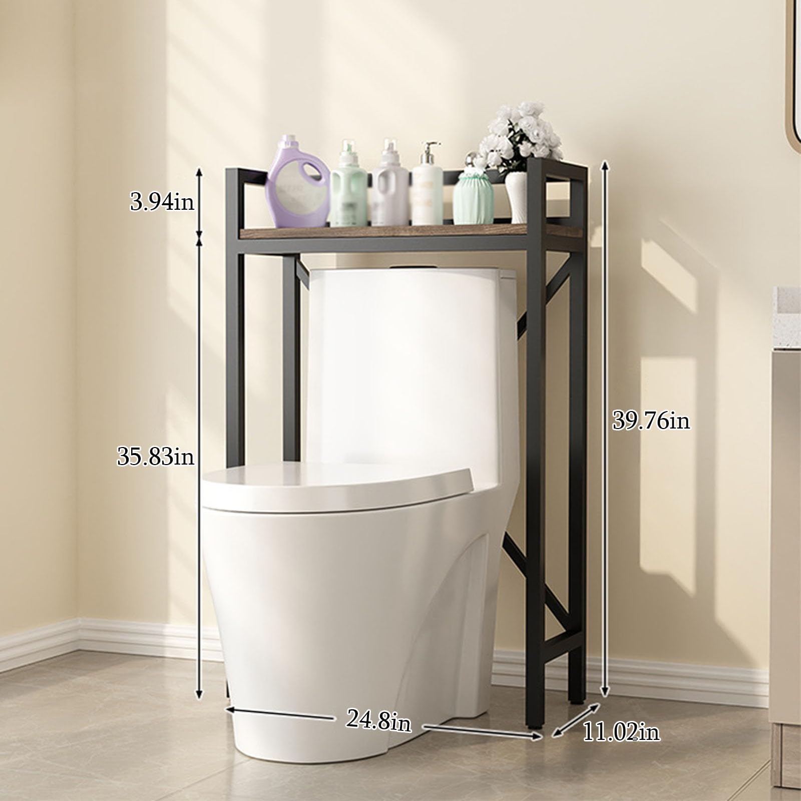 Estante de almacenamiento de baño negro de varios niveles sobre el inodoro, estante de metal que ahorra espacio, diseño abierto de 1 nivel para espacios pequeños, ideal para soluciones de
