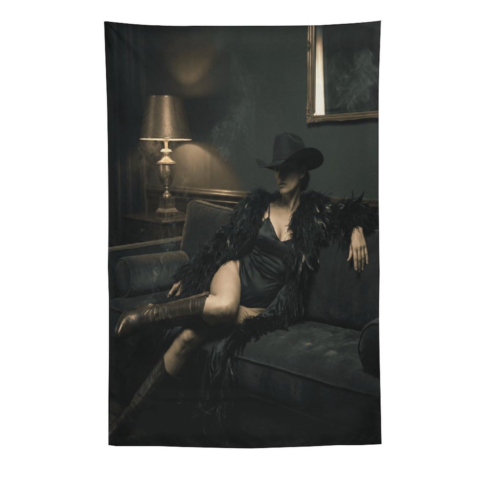 H3B8U2Y5 Elegant Woman Black Hat Wall Tapestry, Detailed Illustration