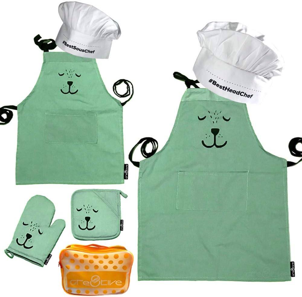 Cre8tivePick Cute Bear Apron For Adult & Child, Matching Apron + Oven Mitt + Pot Holder + Chef Hat, Heat Resistant, Machine Washable, Kitchen Gift Set, Baking Gift Set, Parents & kids uniform