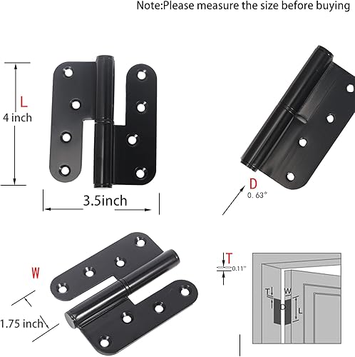 Miniatura 2 de Paquete de 6 bisagras negras de alta resistencia, bisagras de puerta en forma de H de 4 x 3.5 pulgadas, bisagra de puerta desmontable de acero