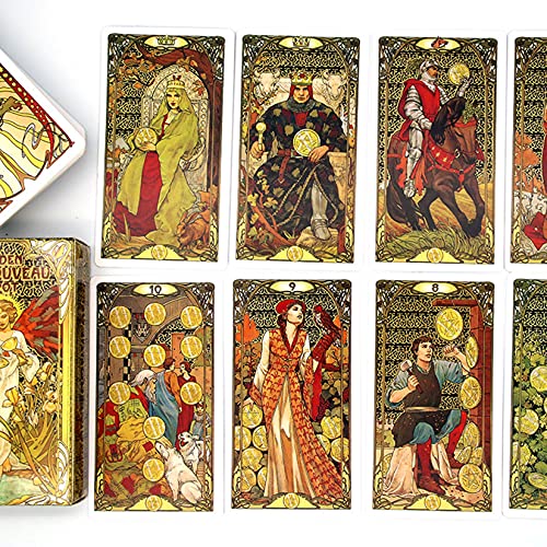 wuxafe 78 Teile, Goldenes Jugendstil-Tarot, Tarotkartendeck, Interaktives Brettspiel, Divination-Spielkarten,mit Bunten… – Bild 4