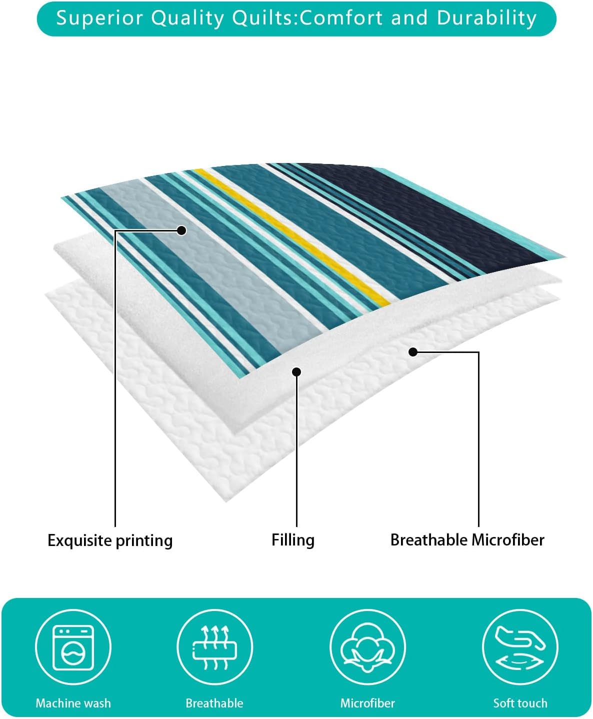 King Size Quilt Set, Teal Stripe Gradient Abstract Geometric Lightweight Bedspread Coverlet Set Summer Quilt with 2 Pillow Shams, Colorful Line Watercolor Art 3 Piece Comforter Bedding Set