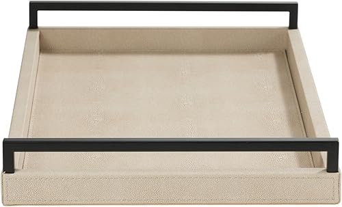 Miniatura 2 de Sagala - Bandeja de servicio Shagreen marfil para otomana, bandeja decorativa de madera de piel sintética con mango negro para mesa de café, mesa de