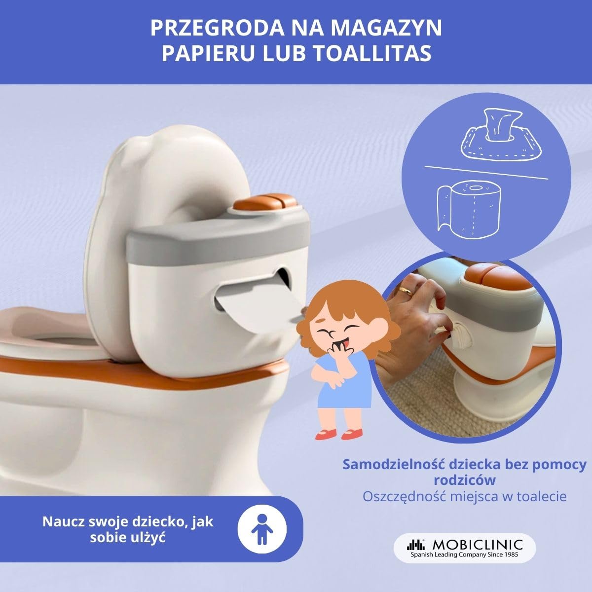 Mobiclinic® kids, Nocnik dla dzieci, Toikid, Wiek 1-6 lat, Z pokrywką, Dźwięk spłukiwania, Przegroda na papier toaletowy, Zasilany bateriami, Wyjmowana misa, Nieprzemakalne siedzisko