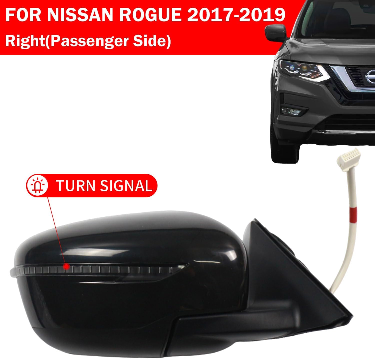 Marretoo for Nissan Rogue S, SL, SV, SV Hybrid Side Mirror Assembly replacement Passenger Side Mirror for 2016-2019 ROGUE Accessories 7pins POWER+LAMP+HEAT 963019TB1C-PFM, NI1321287 (NOT FOR Sport)