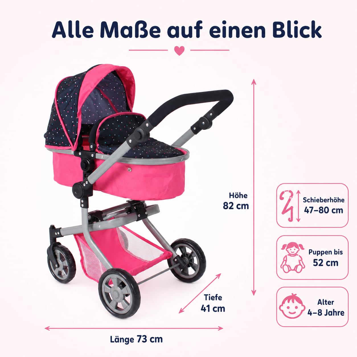Bayer Chic 2000 - Wózek dla lalek Mika 2 w 1, wózek dla lalek kombi dla dzieci w wieku od 4 do 8 lat, wózek dziecięcy dla lalek do 52 cm, różowe konfetti