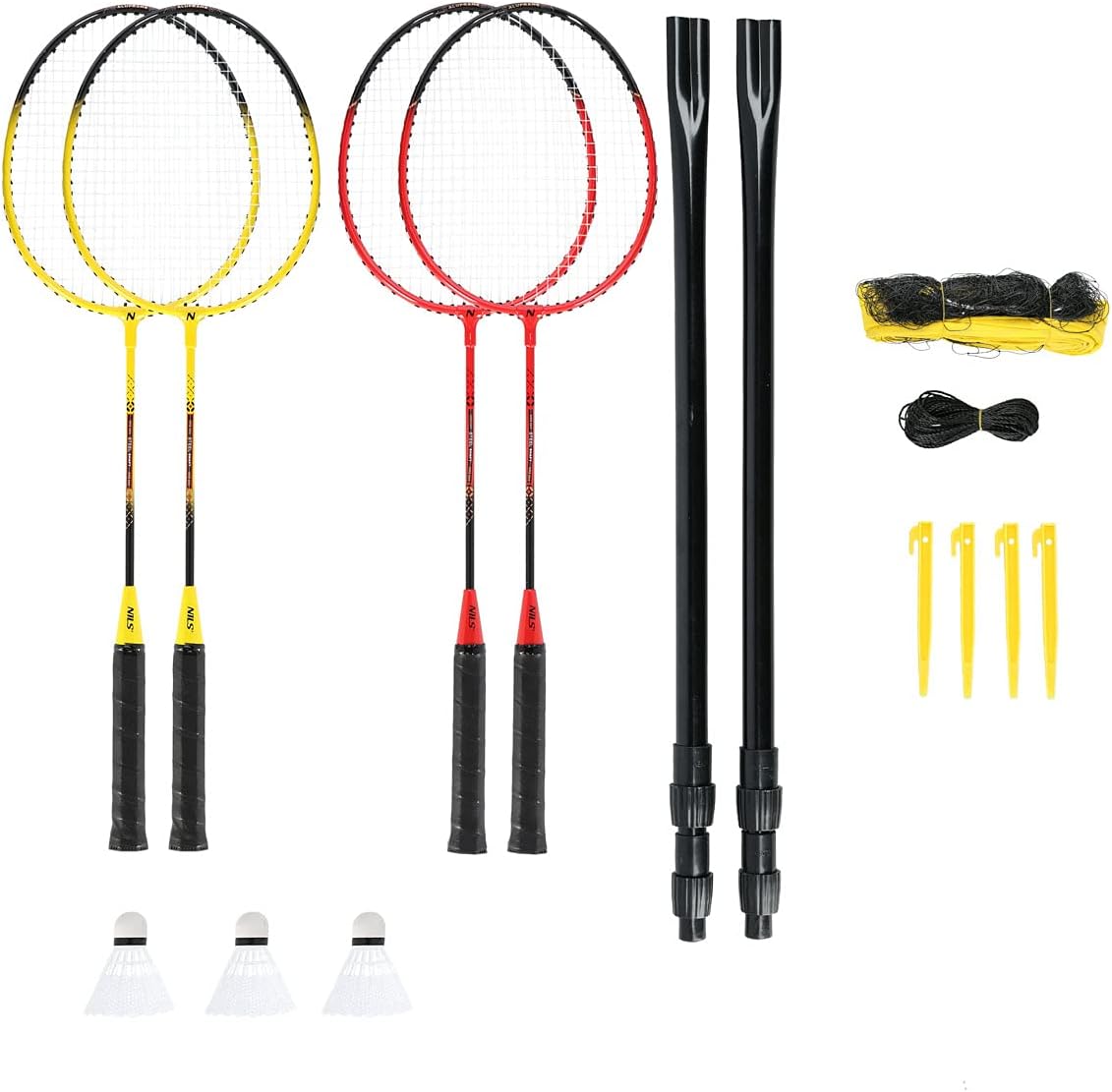 NILS NRZ264 Aluminium Badminton Set 4 Rackets 3 Feather Darts 600 x 60 cm Net Case