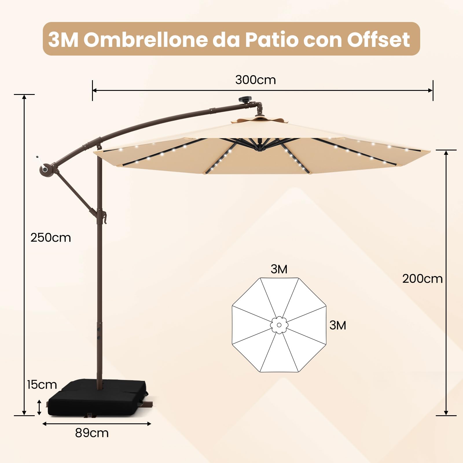 COSTWAY Ombrellone da Giardino 300 cm, Luci LED Solari, Anti-UV, Inclinazione Regolabile, Manovella, Beige