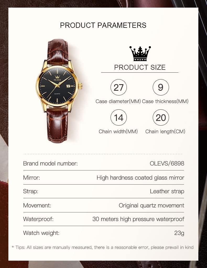 OLEVS Women's Business Dress Watches for Ladies Female Brown Leather Strap Small Face Dress Analog Quartz Wrist Watch with Calendar Day Date Waterproof Luminous Gift Classic Casual Retro Band - Image 6