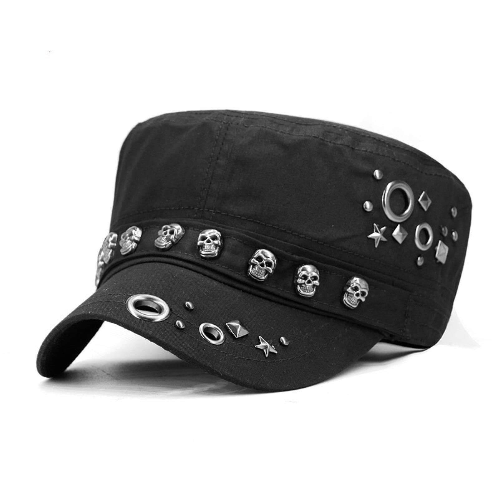 Wdhybwcx Men's Black Fashionwo Cap Adult Hip Hop Punk Rock Skull Rivet Flat Peaked Hats Spring And Autumn Fitted Baseball Caps