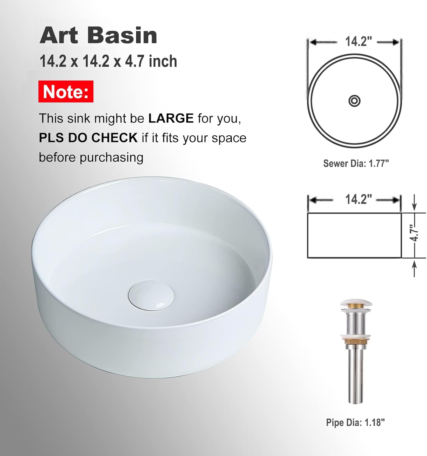 14'' Round White Ceramic Above-Counter Vessel Sink with Pop-Up Drain