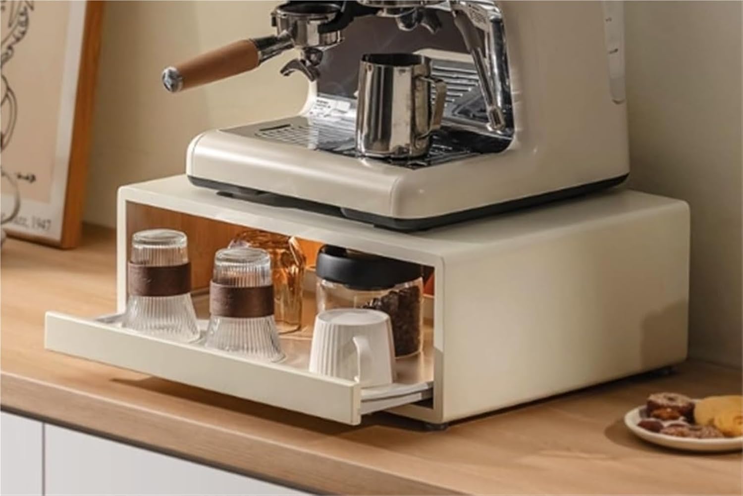 Bamboo Coffee Organizer Layered Countertop Storage Station Kitchen Office Break Room Holder with Drawer for Coffee Essentials Long-Lasting，Brown