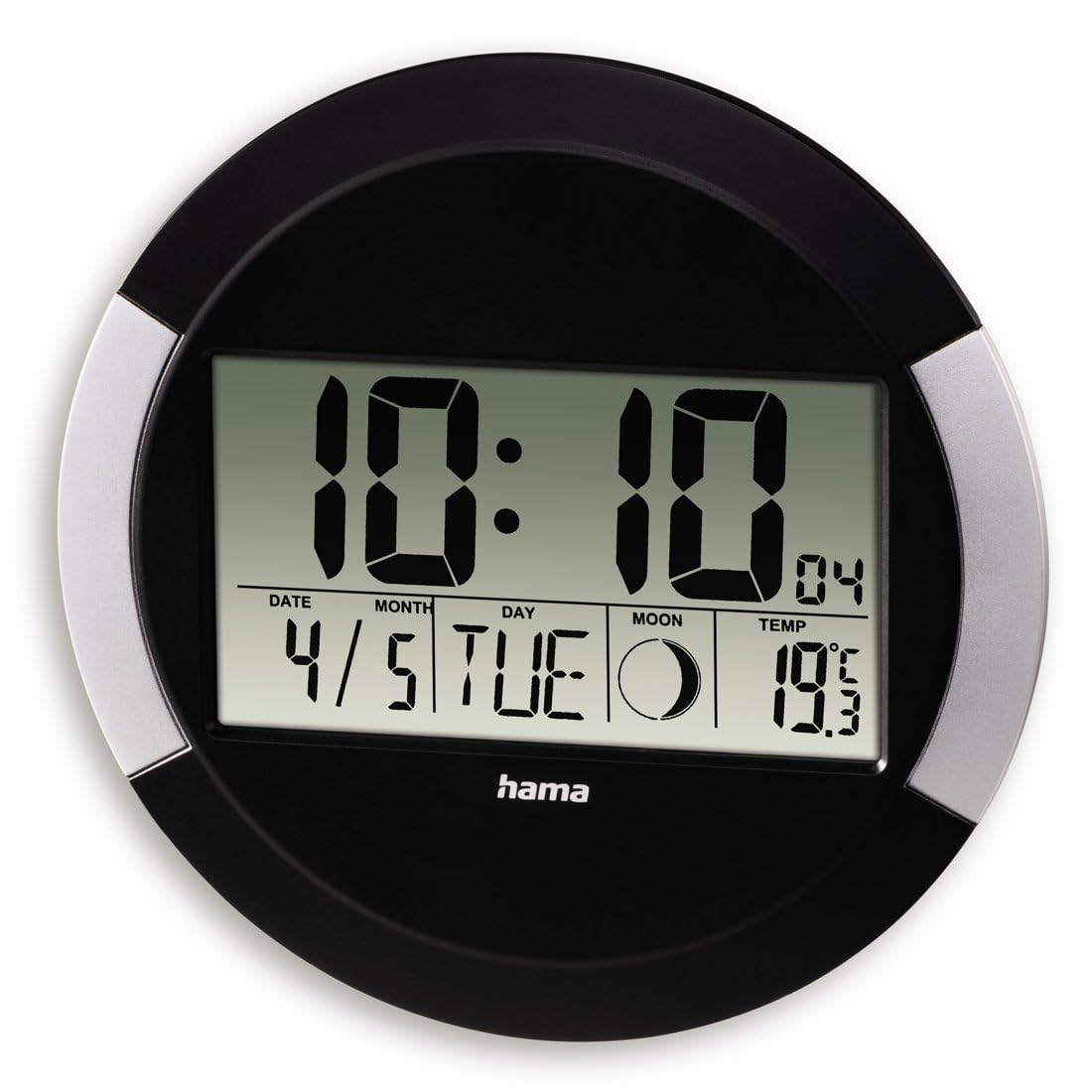 Hama | Reloj Digital Radio DCF Temperatura. (Fecha Lunar), Negro | Reloj pared y sobremesa. Hora automática DCF. Termómetro 0‑50°C. Fase lunar y fecha. Ajuste zona horaria. Silencioso.