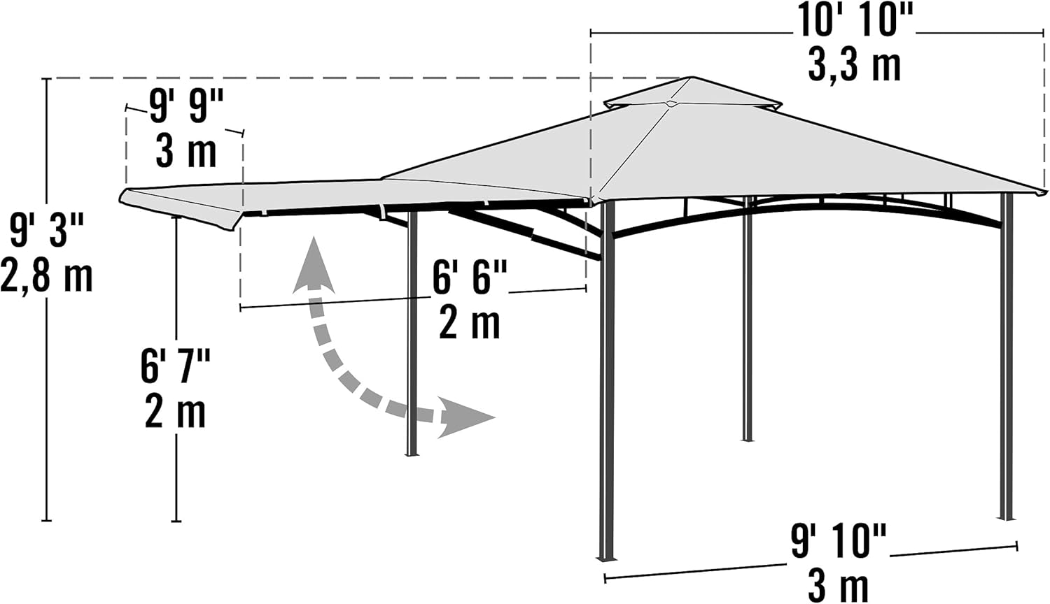 Diagram showing the dimensions of the ShelterLogic Redwood Canopy, including the main structure and the extendable awning.