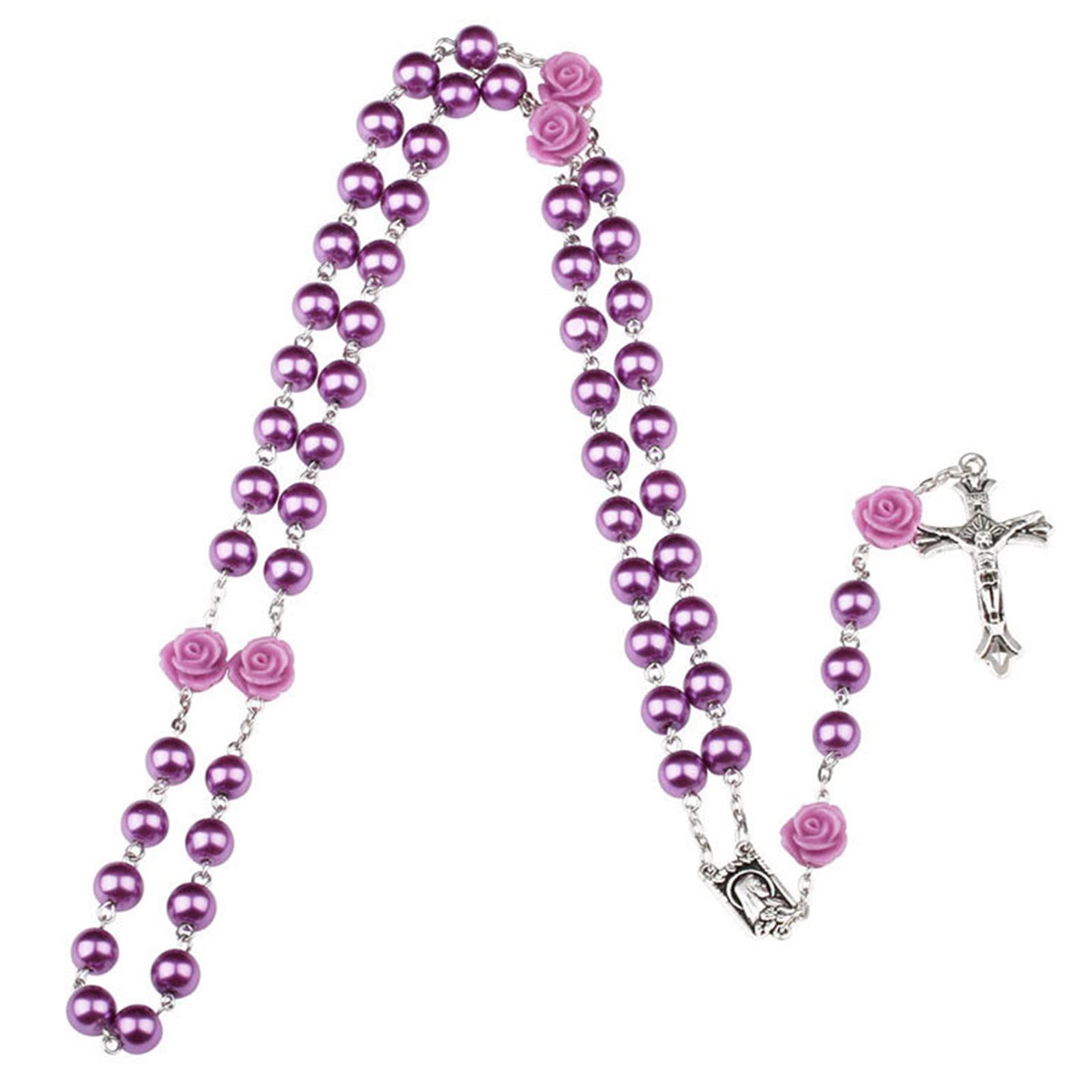 Tsophreniq Catholic Rosary Rose Flower Beaded Necklaces Glass Pearl Beads Cross Religious Necklaces for Women Unisex Jewelry Gift Religious for Women