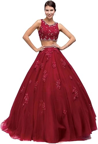 Vestidos de quinceañera de tul de encaje de 2 piezas, vestidos de fiesta con cristales de bateau para mujer, vestido formal 2023