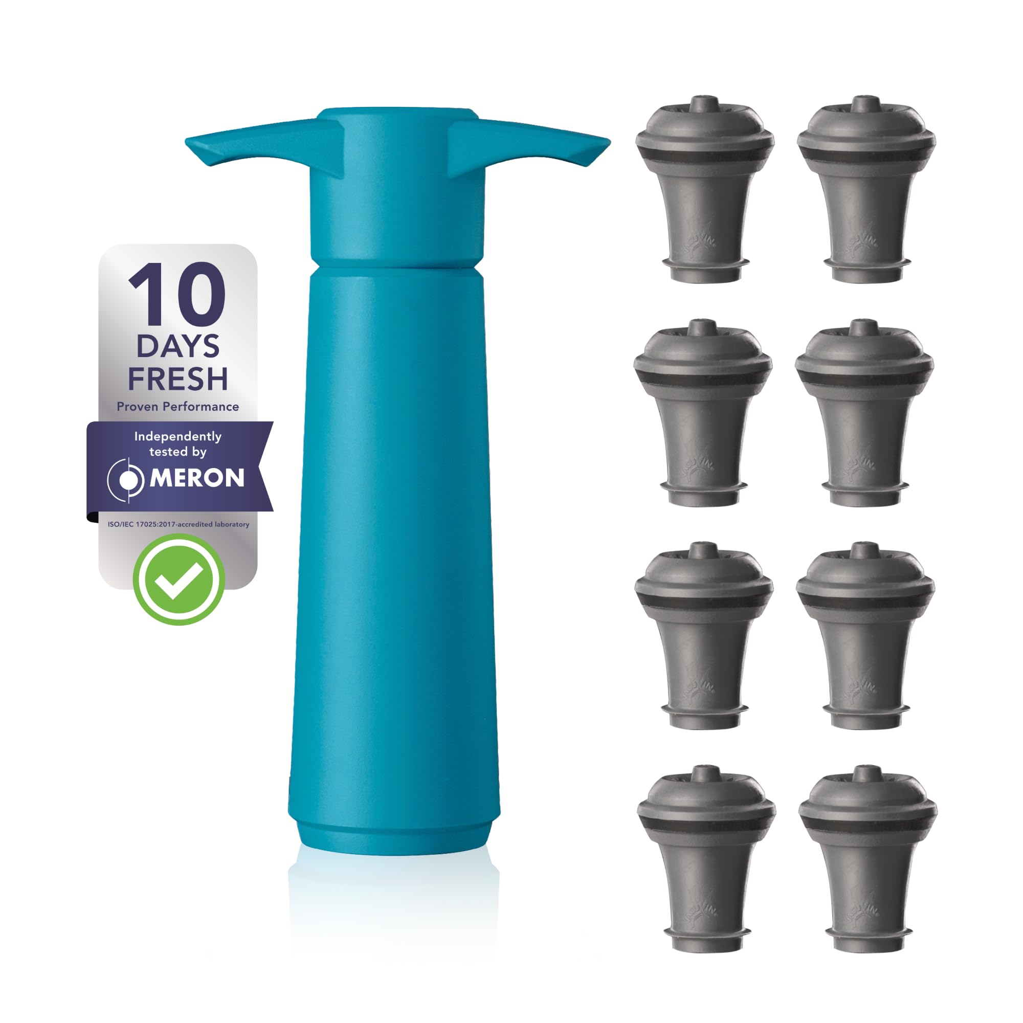 Vacu Vin Original Wine Pump - 8 Vacuum Wine Stoppers - Wine Saver - Blue