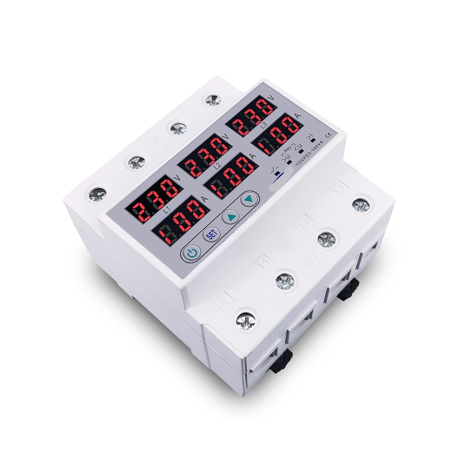Top-down view of TOMZN TOVPD3-63VA showing input and output terminals