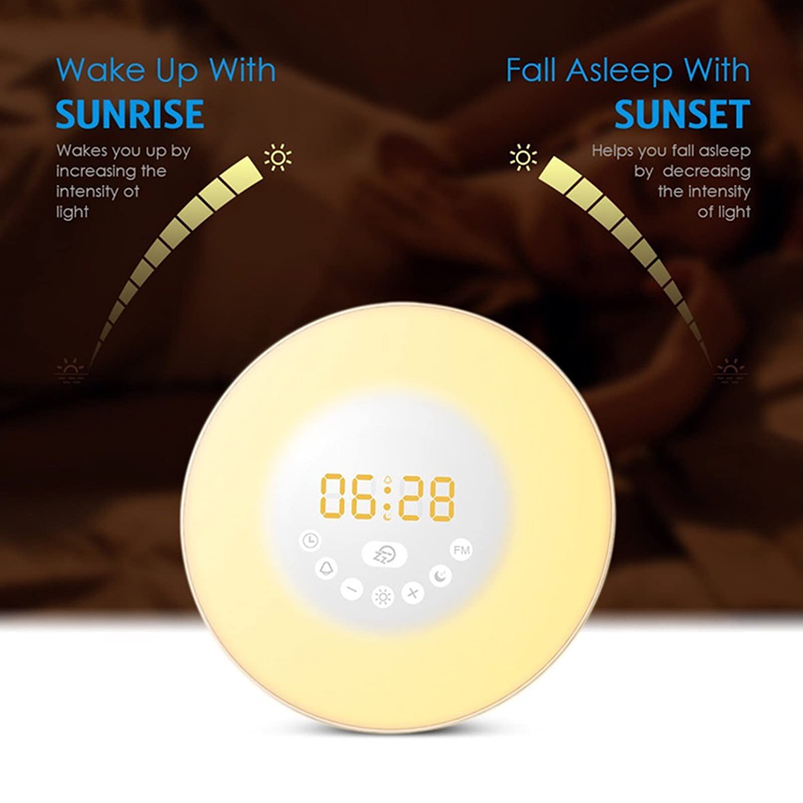 Sunrise Simulation Wake Up Light, Sveglia LED Digitale, Funzione Snooze, 6 Suoni della Natura, FM Radio, Ideale per Bambini e Adulti