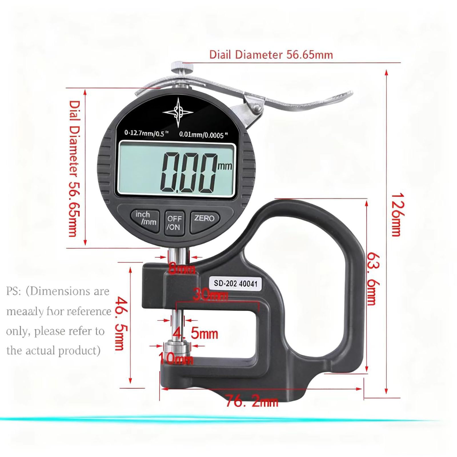 Digitales Dickenmessgerät mit LCD-Bildschirm, ergonomisch, 0-12,7 mm/0,001 mm Präzisionstester für Papier, Folie, Leder, Draht und Holzfurnier Messung