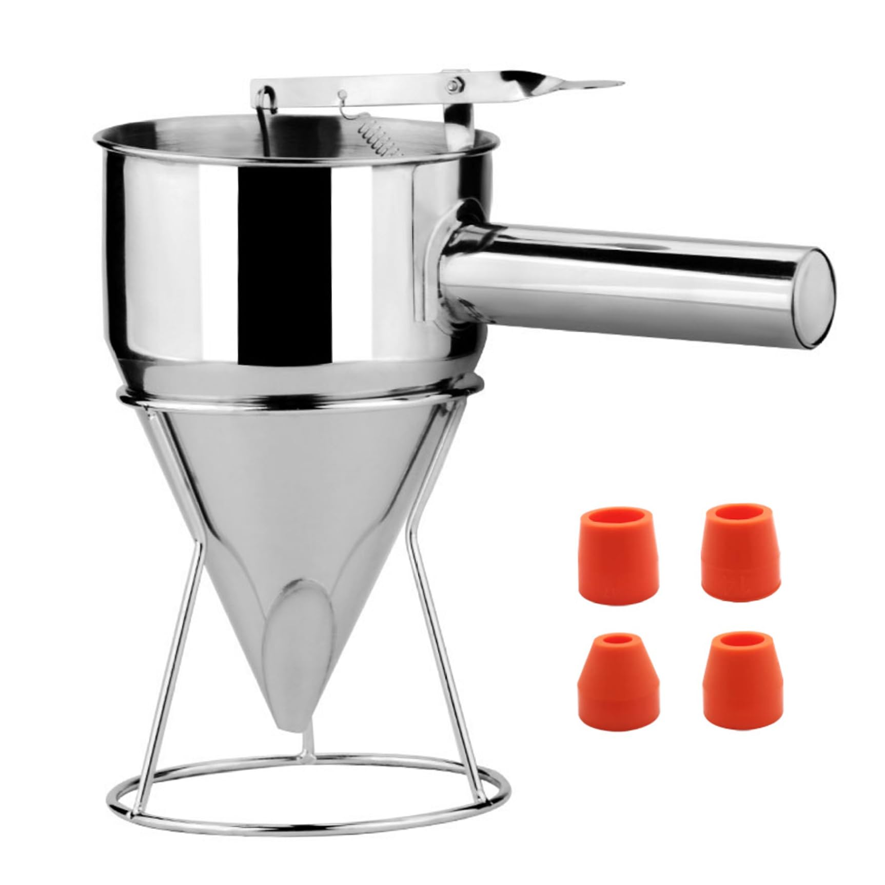 Tsawntd 40oz Pancake Batter Dispenser for Griddle with Stand Stainless Steel Piston Funnel with 4PCS 18mm Nozzles Funnel Cake Dispenser for Cake Dessert Baking Tool pancake for batter