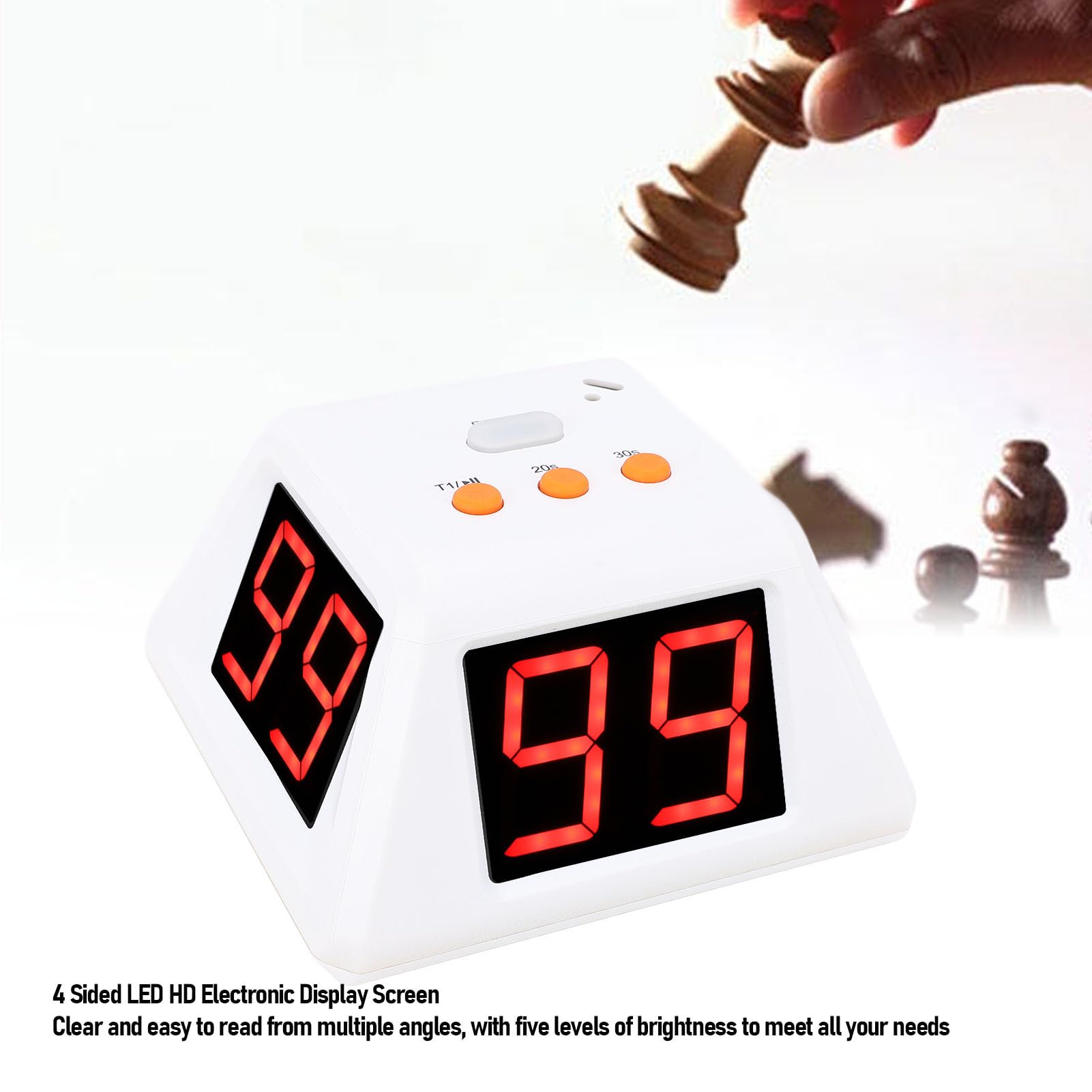 Cocoarm Minuterie Numérique 4 Faces, Compte à Rebours ABS avec écran LED de 1,4 Pouces, 3 Temps Prédéfinis, Réglage de 0 à 99 Secondes, 5 Niveaux de luminosité pour Les échecs et Les Jeux de Table