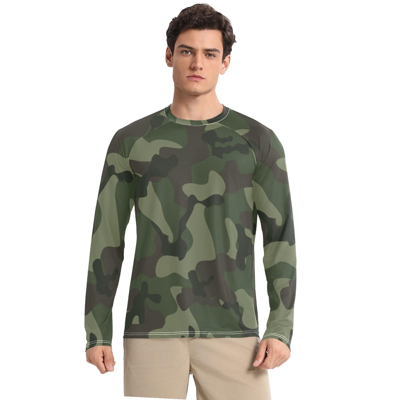 Abstract Camouflage for Hunting in Green Brown Black Style Men Round Neck Sunscreen Cool Sun Protection Soft Comfortable Lightweight Blouse for Cycling Hiking Driving (X-L)