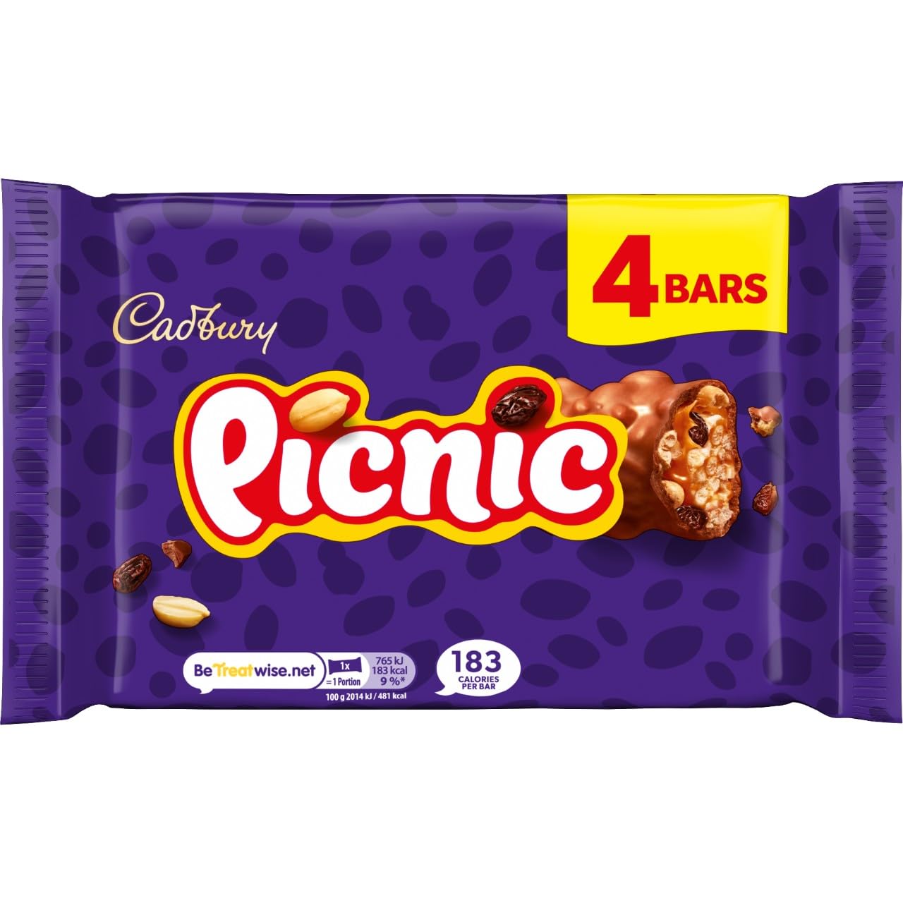 Cadbury Picnic Chocolate Bar, Milk Chocolate With Caramel, Peanuts, Crispy Cereal & Dried Grapes Centre, Multipack of 4 x 38 g Bars (Pack of 1)