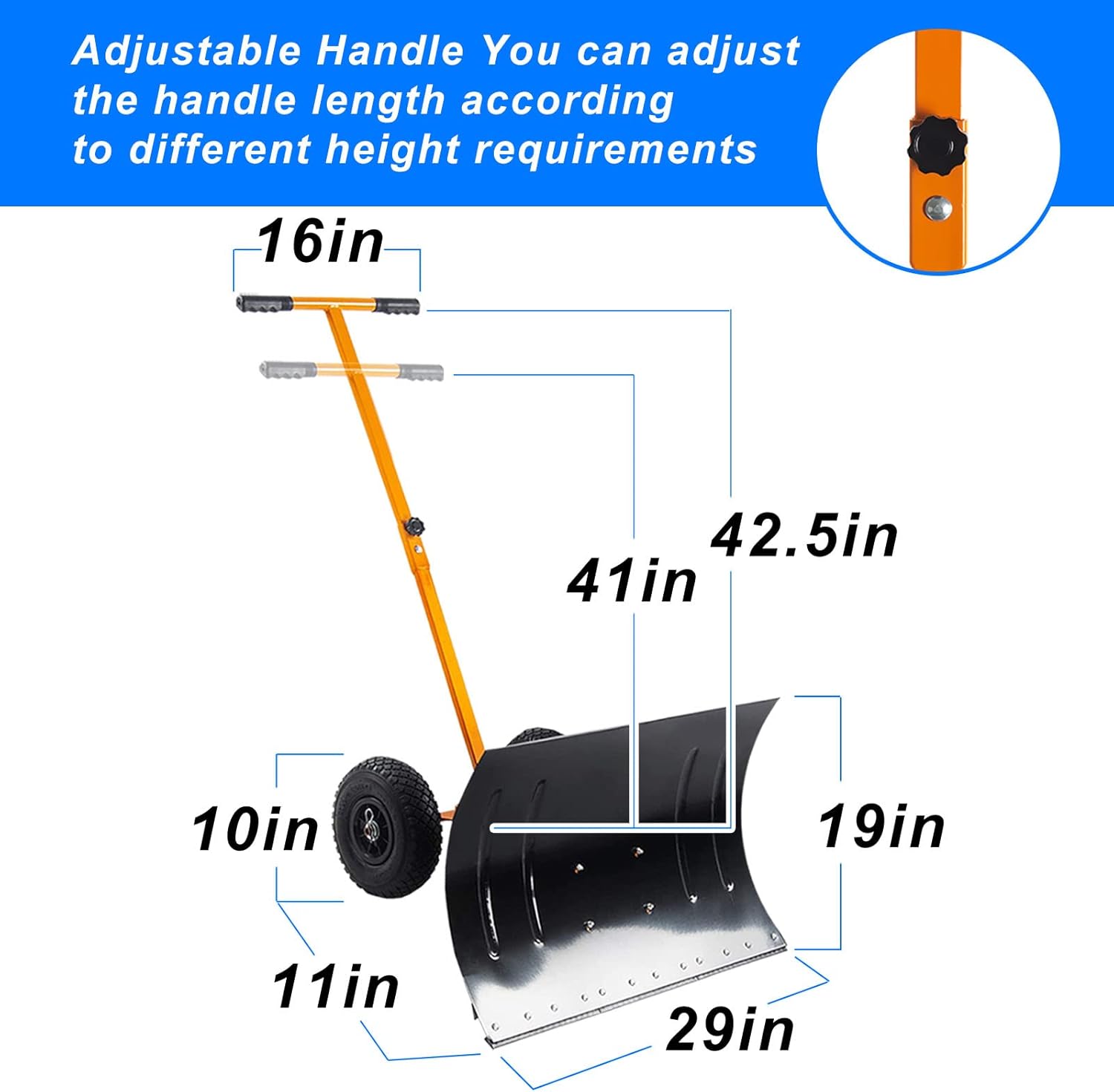 review Wheeled Snow Shovel, Rolling Snow Pusher, Adjustable Angle Handle Snow Removal Tool with Anti-Skid Wheels for Driveway Or Pavement Clearing ( 29x19IN )
