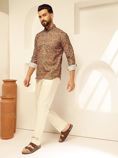 SOJANYA (Since 1958 Men's Cotton Linen Only Short Kurta with Geometric Print - Image 6