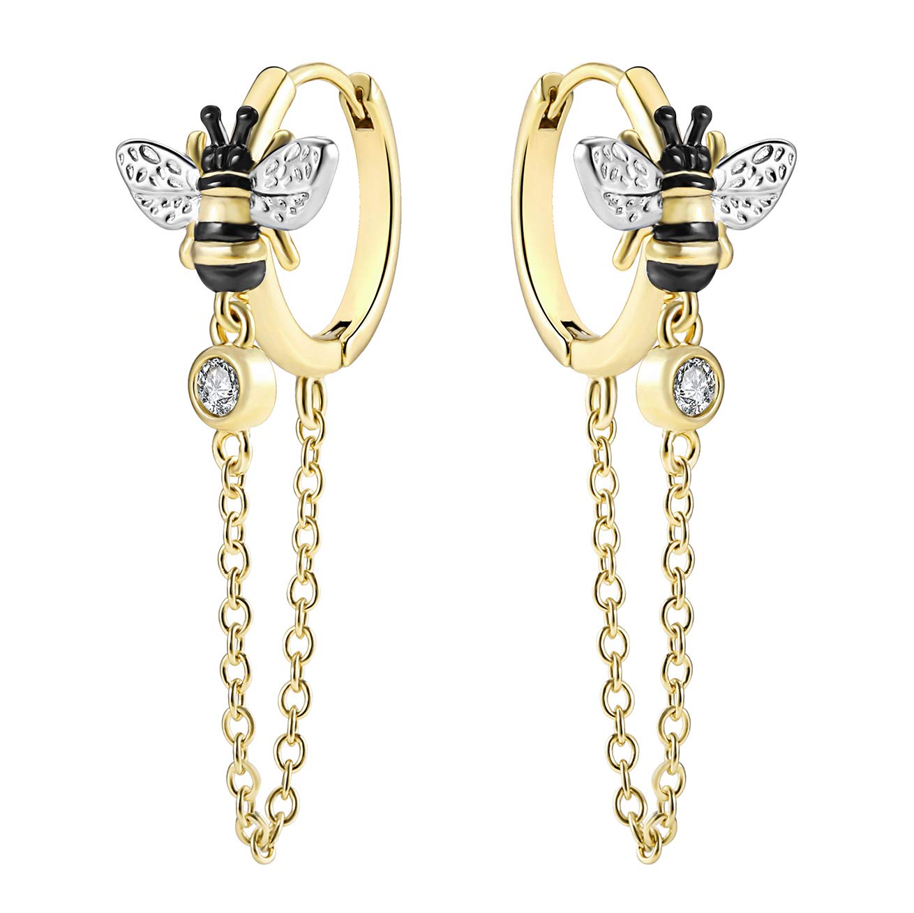 JIANGYUE18K Gold Bee Earrings for Women with Small Cubic Zirconia Drop Earrings, Tassel Earrings Chain Drop Gold Hoop Earrings for Women