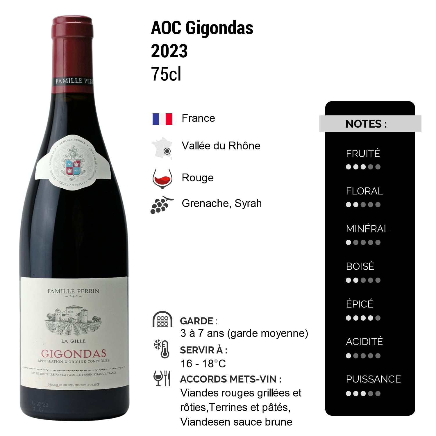 Gigondas La Gille - Rouge 2023 - Famille Perrin - Vin Rouge de la Vallée du Rhône (3x75cl)